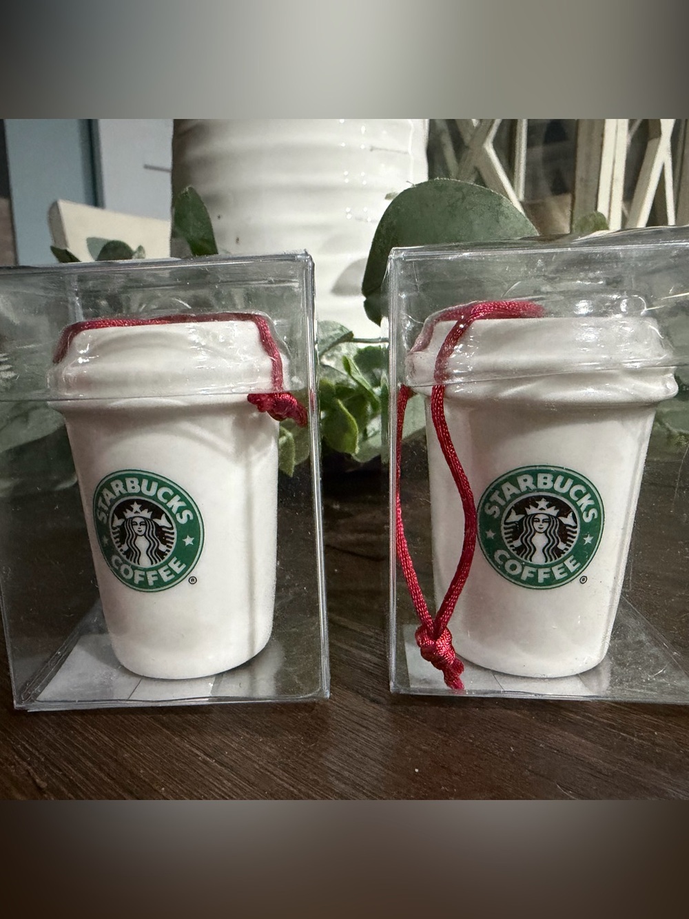 2 Starbucks Coffee Holiday 2007 Ceramic Christmas Tumbler To Go Cup Ornaments